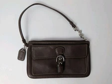 Coach Leather Wristlet Corner Zip Handbag English Saddle Brown Front Pocket 