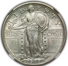 1917 TYPE 1 STANDING LIBERTY QUARTER NGC MS 62 FULL HEAD LUSTROUS, SLIGHTLY