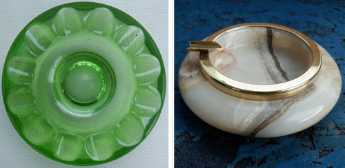 2 Aschenbecher ADOLF MATURA Vintage Aschenbecher grün Glas + Onyx & Messingrand
