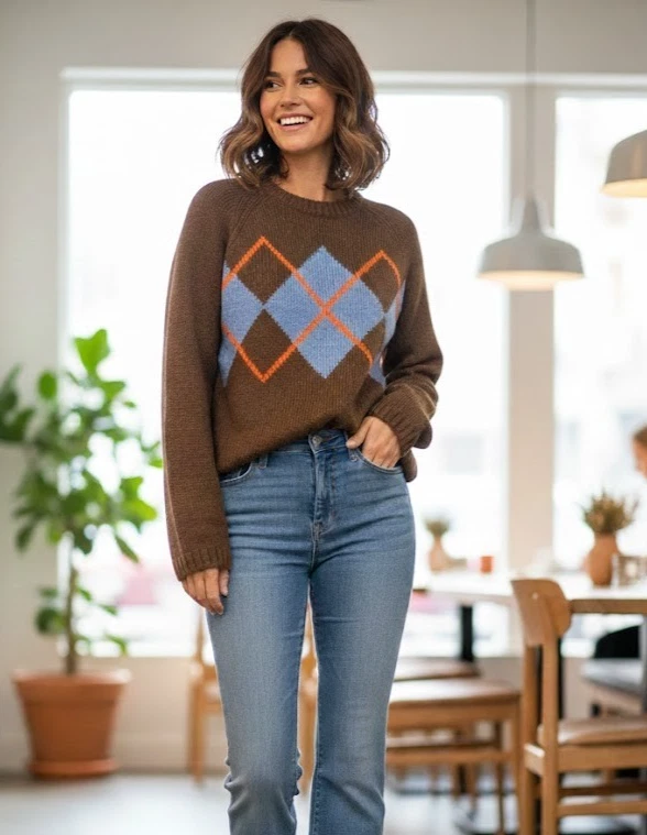 Ladies Marks Argyle Wool Mix Jumper Long Sleeve Thick Chunky Knit Soft Preppy - Image 2 of 4