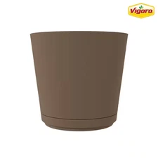 Kyra Large Chocolate Plastic round Planter with Attached Saucer (20 In. L X 20 I