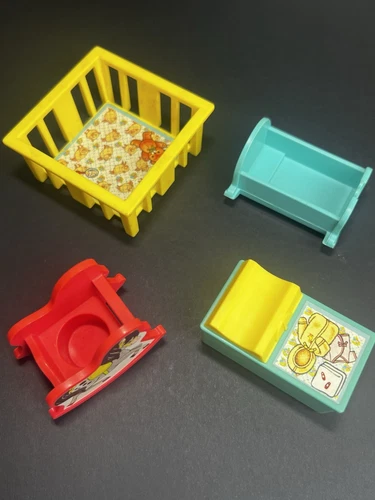 Little People 1972 Fisher Price Play Family vtg Nursery Set Crib rocker lot of 4