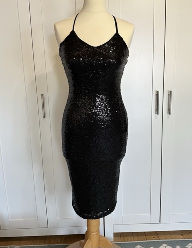 BOOHOO * SIZE 6 * BNWT * BLACK SEQUIN MIDI SPARKLY FITTED STRAPPY BODYCON DRESS - Picture 4 of 14