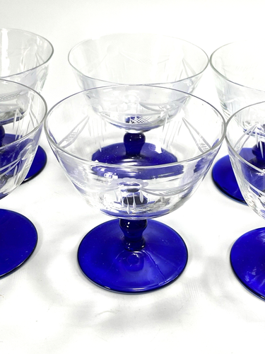 Lovely Blown Glass Cobalt Blue Stemmed Etched Swag & Design Short Champagne 6 - Picture 23 of 24