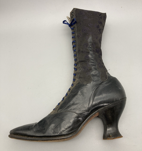 Antiguas botas victorianas de tacón alto con cordones de cuero negro tela jacquard - Imagen 12 de 14