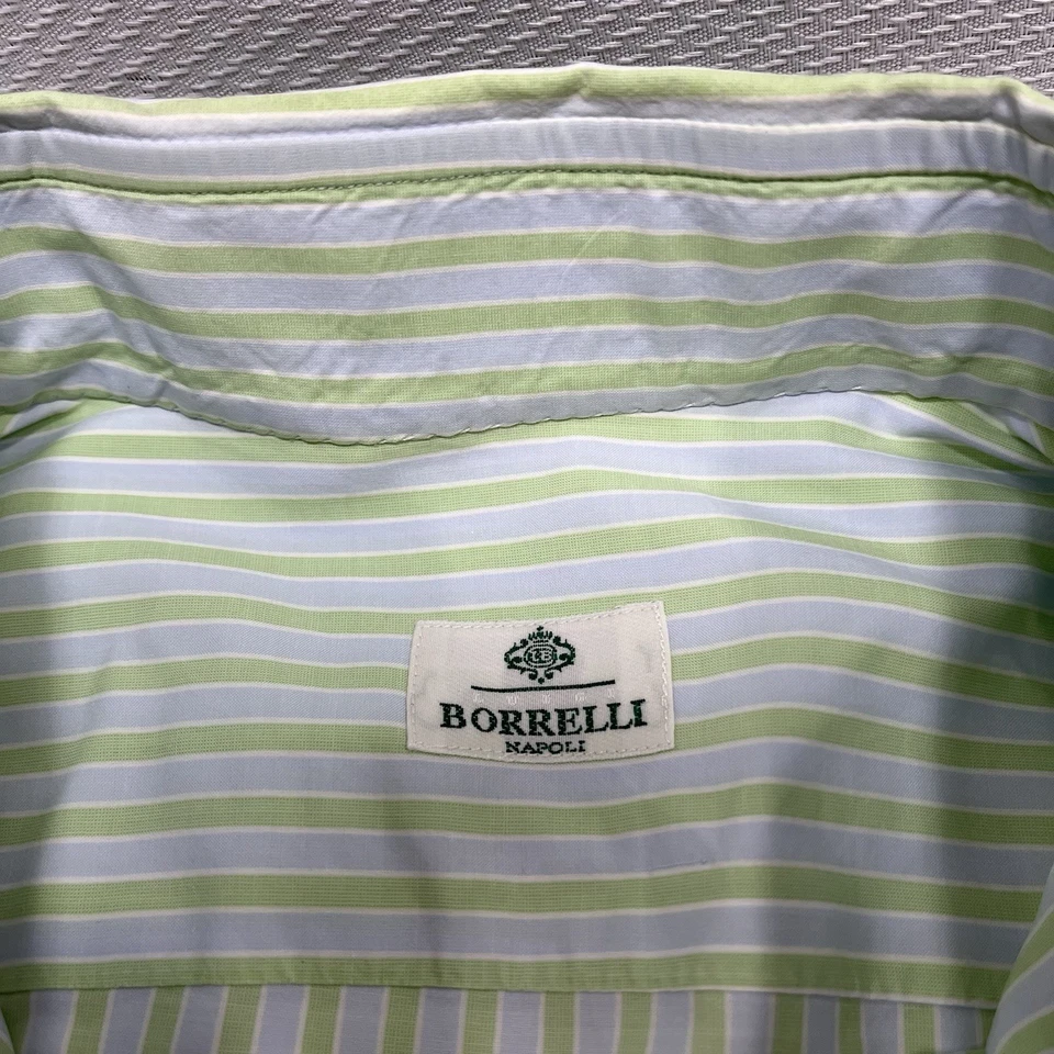 Camisa Borrelli Napoli Para Hombres 16 41 Verde y Azul Rayas Hecha en Italia Vestido de Algodón Foto 3 de 4