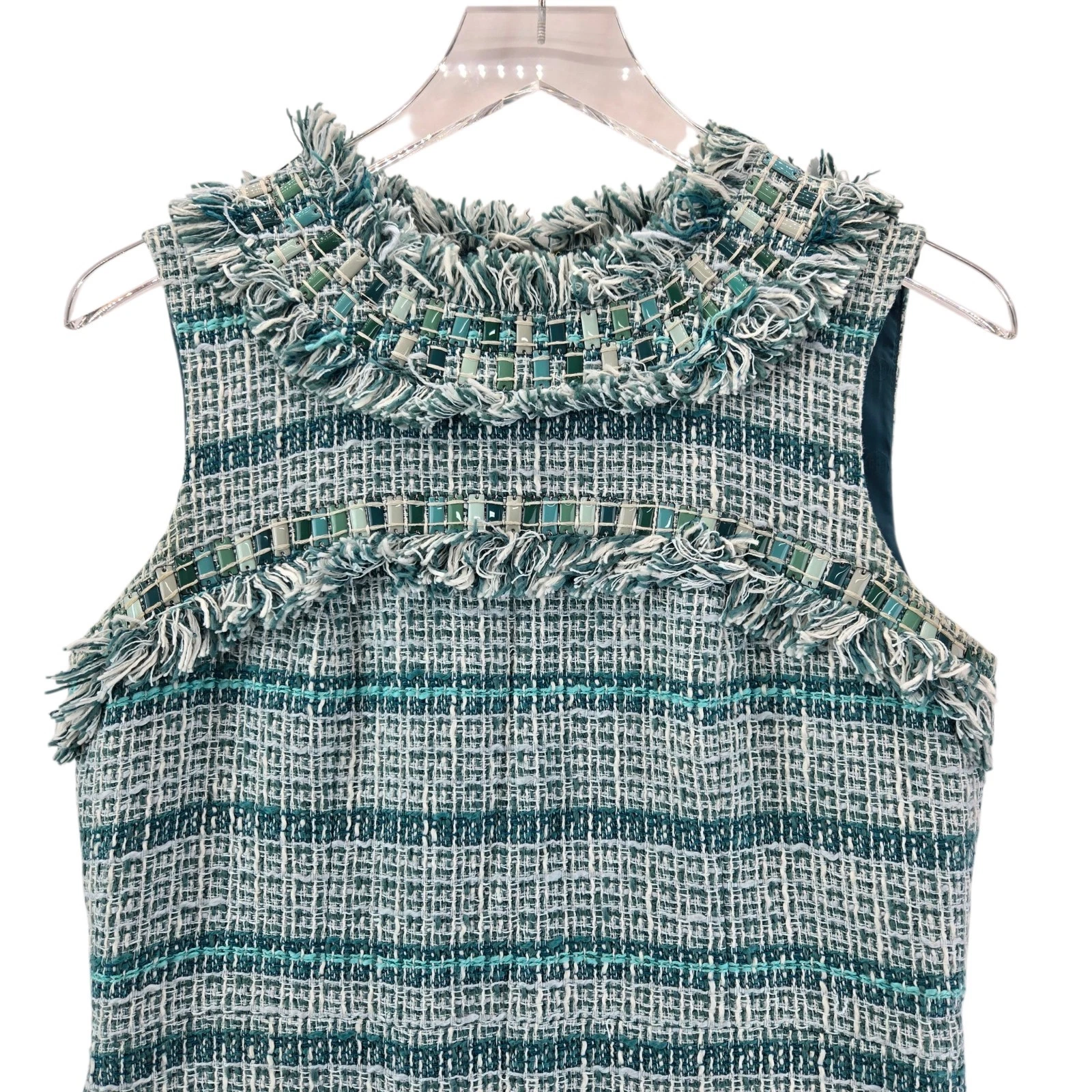 Abito donna Tory Burch 4 curtis tweed frange a tubino bianco acqua preppy oldey