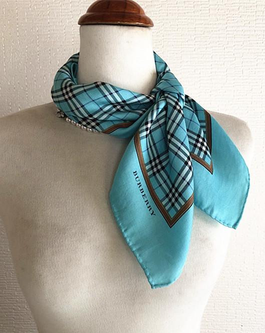 Burberry Silk Cotton Scarf Check Blue 22