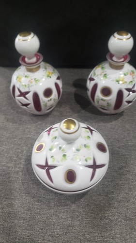 Bohemian Czech MOSER Red Cranberry Glass 2 Bottles And Dish Hand Painted Floral - Picture 1 of 8