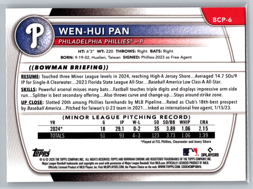 Wen-Hui Pan 2025 Bowman Chrome Prospects 1st BCP-6 Philadelphia Phillies - Picture 2 of 2