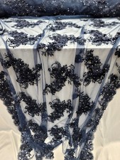 Navy Blue 3D Floral Embroidered With Rhinestones Mesh 3d Lace Fabric By The Yard