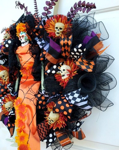 Halloween Day of the Dead Wreath 24" Front Door Floral Decor Dia De Los Muertos - Picture 2 of 9