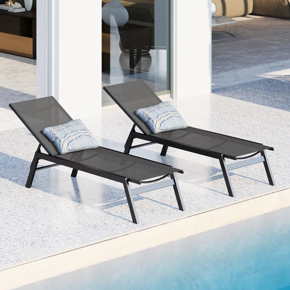Chaise reclinable para patio de 2 piezas al aire libre playa sillones textilene con mesa de metal Foto 2 de 3
