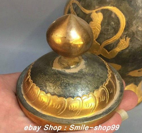 8" Tang Dynasty Silver Gold Gilt Shakyamuni Buddha Flying Fairy Pot Jar Crock - Picture 7 of 9