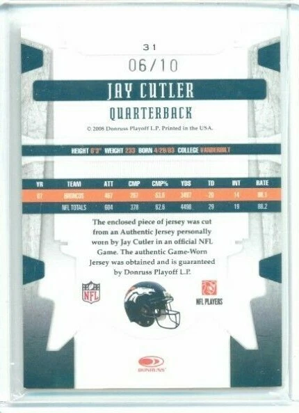 2008 Leaf Limited Jay Cutler Prime Team Logo Patch #'ed 06/10 Jersey # - Image 2 of 2