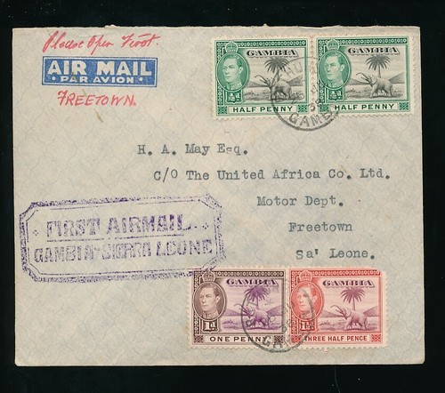 GAMBIA 1938 FIRST AIRMAIL to SIERRA LEONE HANDSTAMP - Picture 2 of 3