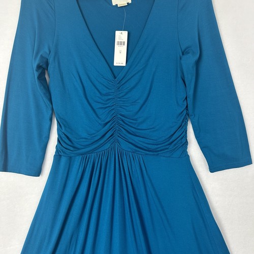 Vestido Maeve Anthropologie Línea A Turquesa Acanalado Cuello en V Manga 3/4 Talla M Nuevo con Etiquetas - Imagen 4 de 16
