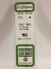 030" (.75MM) OD White Polystyrene Rod EVG210 by Evergreen Scale Models