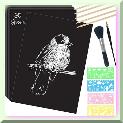 Magic Scratch Art Kit - 30 Sheets of Large Black Coated Scratchboard with Wooden - Picture 7 of 7