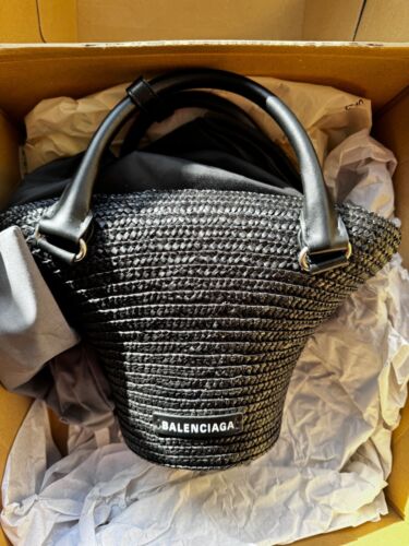 BALENCIAGA Beach Mini Straw Tote Bag - Black - Brand New - Picture 2 of 12