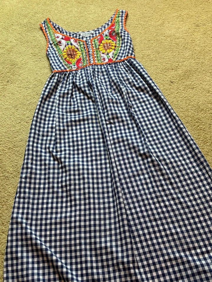 Maxi Vestido Vintage Años 70 Joseph Magnin Bordado Guinga Boho Hippy Girasol XS Foto 4 de 4