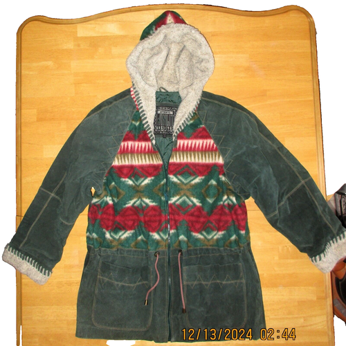 WINLIT Green Suede Leather Coat Jacket Fair Isle Sherpa Hooded SIZE LARGE (50") - Picture 3 of 24
