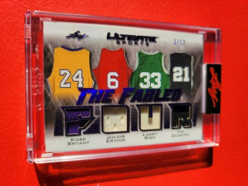 KOBE BRYANT LARRY BIRD TIM DUNCAN DR J 4 GAME USED JERSEY CARD #d1/12 ULTIMATE - Picture 1 of 2