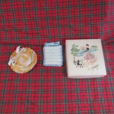 Pair 1950's Crochet Items, Miniature Hand  Scent Sachet in 1950s Rust Craft Box