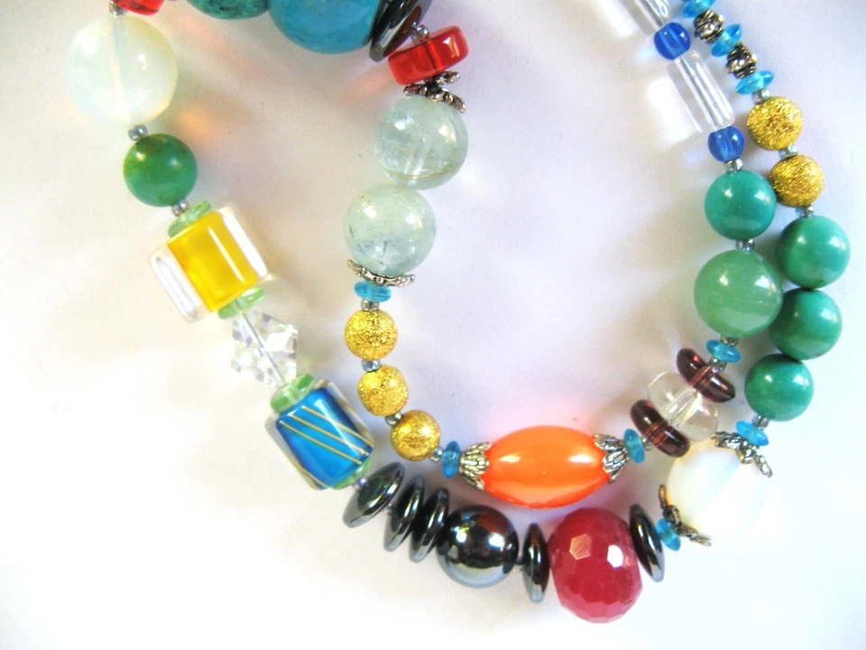 🐸Handcrafted Beaded Chunky Statement Necklace Blown Glass, Turquoise, Jade VTG - Image 4 of 4