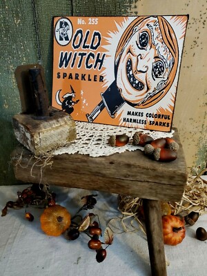 VINTAGE VICTORIAN RETRO STYLE OLD WITCH SPARKLER ADVERTISING HALLOWEEN TOY  SIGN