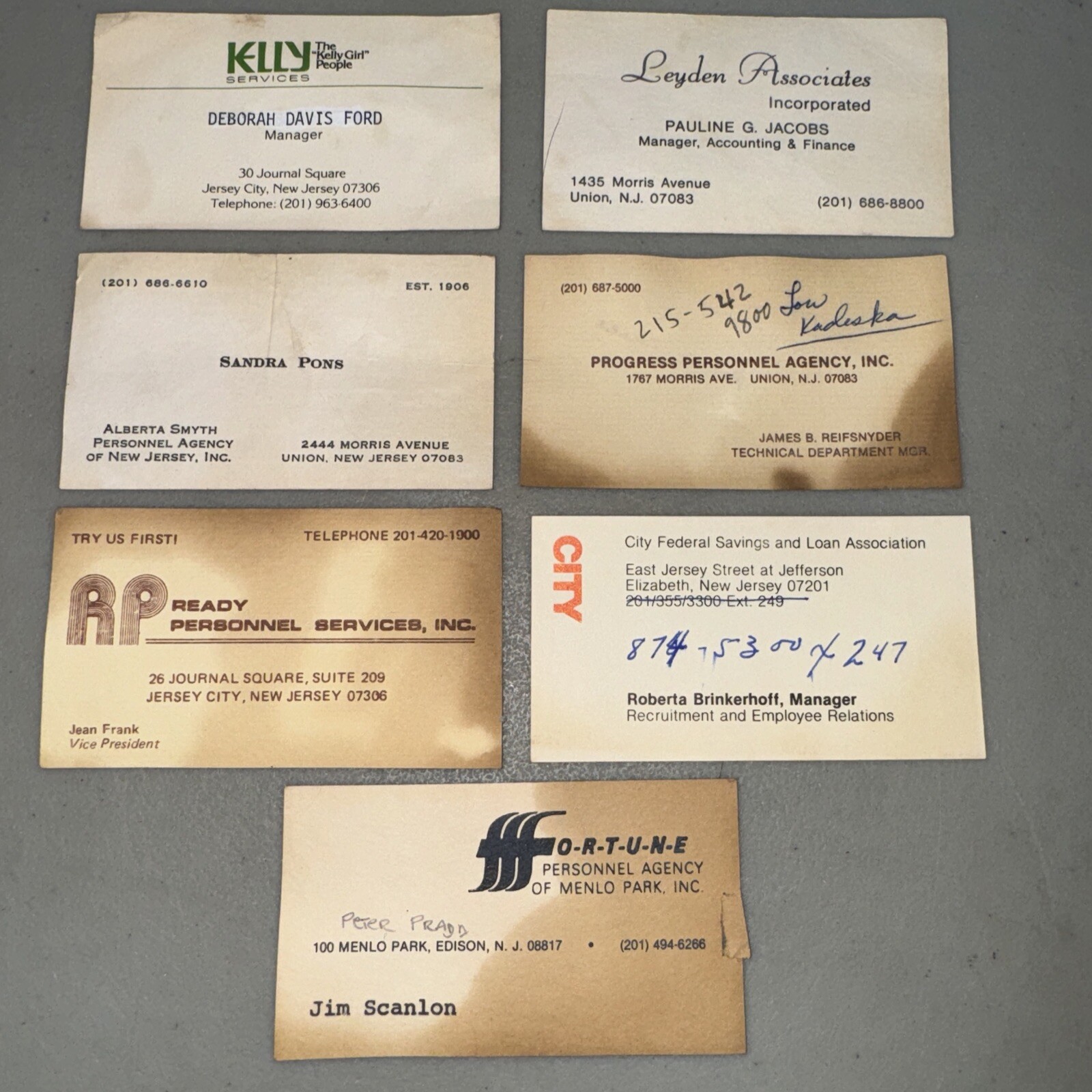 Lot Of 7 Old North Jersey Business Cards Union, Jersey City, Edison
