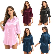 Womens Satin Nightshirt 3/4 Sleeve Nightgown Sleepshirt Nightdress Sleepwear