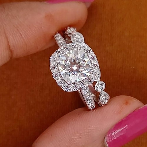 3.36 TCW Cushion Cut Moissanite Bridal Set Engagement Ring 14K White Gold Plated - Picture 6 of 8