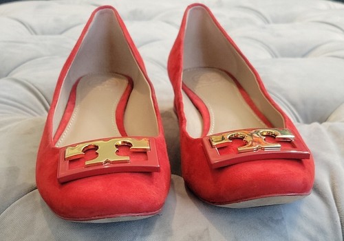 Tory Burch Gold Logo Red Suede Slip On Ballet Flats Block Heels Womens Shoes 6 M - Picture 15 of 17