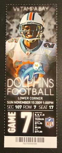 Miami Dolphins Tampa Bay Buccaneers Football Ticket 11/15 2009 Will Allen Stub