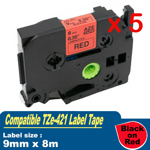 5x Non-OEM Laminated Label Tape TZe421 for Brother P-touch 9mm x 8m Black on RED - Picture 1 of 1