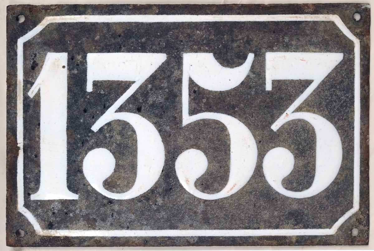 Large old black French house number 1353 door gate plate enamel