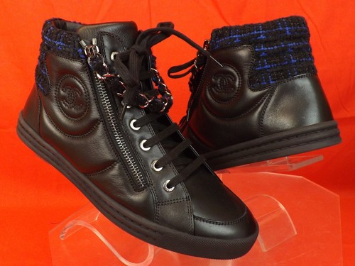 NIB CHANEL G31316 BLACK NAVY TWEED LEATHER CC LOGO 2X ZIP CHAIN SNEAKERS 40.5 - Picture 3 of 12