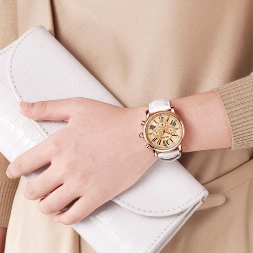 MEGIR Women Casual Quartz Watch Chronograph Leather Waterproof Sports Wristwatch - Picture 9 of 12