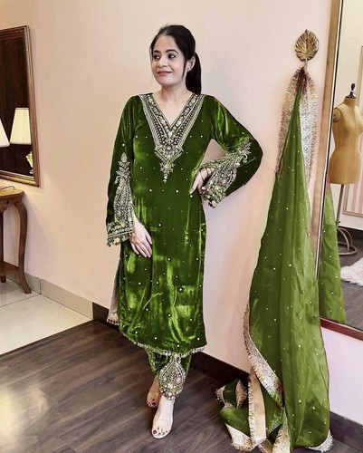 3 Piece Women Stylish Velvet Designer Palazzo Kurta Eid Festive Readymade Suits - Picture 12 of 38