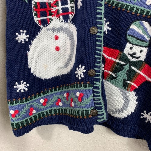 Vintage North Crest Women’s Blue Knit Snowman Cardigan Sweater - Size Large - Picture 3 of 8