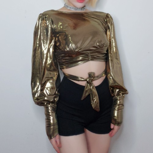 Women Crop Shirt Shiny Tops Blouse Dance Jazz Costume Glitter Puff Sleeve - Picture 2 of 7