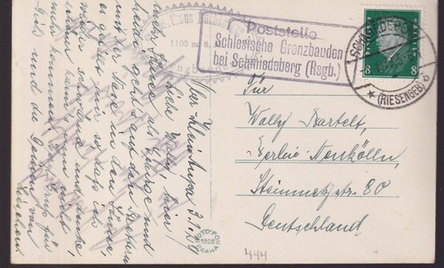 Deut. Reich, Mi. 444, Postst. II, Schlesische Grenzbauden b.Schmiedeberg 3.1.29