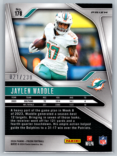 Jaylen Waddle 2024 Panini Prizm Blue Wave Prizm/230 #178 Miami Dolphins - Imagen 2 de 2