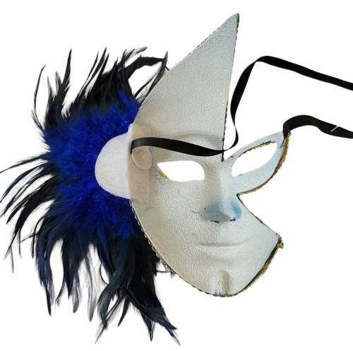 Hand Crafted Venetian Masquerade Mardi Gras Mask Blue Gold Feathers Paper Mache - Picture 5 of 11