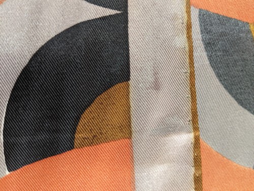 1970s Scarf Vera Neumann Tangerine Silver Bronze Black 44" X 15" Acetate - Picture 4 of 8