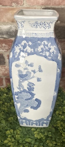 "Florero floral chino vintage con flores de pájaros azules y blancos porcelana de 14,5""" - Imagen 12 de 20