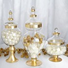 Set of 3 11" 16" 18" tall Gold Trim Glass Apothecary Jars with Lids Holders SALE
