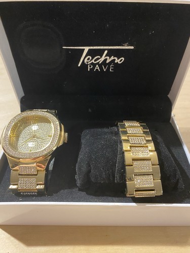 Men's Gold Finish Techno Pave Fashion Watch/Bracelet Dressy Party Hip Hop Set LX - Picture 11 of 12