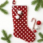 Fuzzy Polka Dot Christmas Stocking Red White Pom Poms Cozy Festive Holiday Decor
